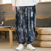 Buddha Stones Ink Tie-dye Braided Drawstring Corduroy Cotton Men's Harem Pants With Pockets