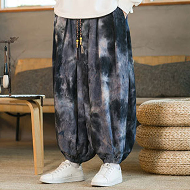 Buddha Stones Ink Tie-dye Braided Drawstring Corduroy Cotton Men's Harem Pants With Pockets