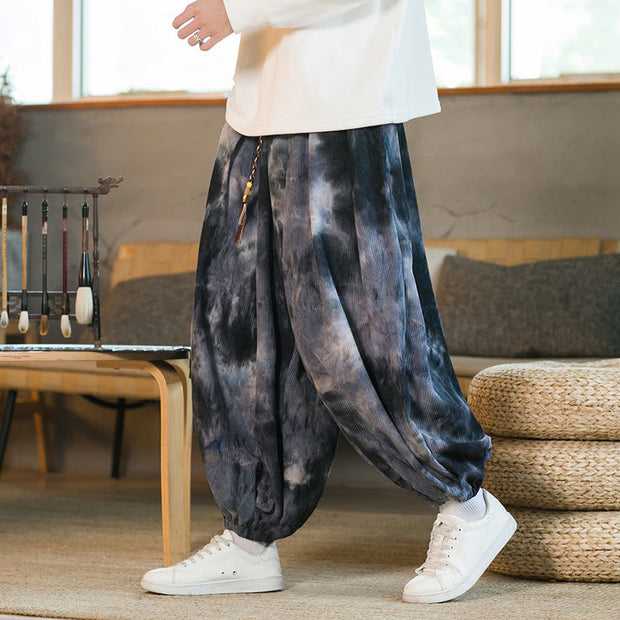 Buddha Stones Ink Tie-dye Braided Drawstring Corduroy Cotton Men's Harem Pants With Pockets