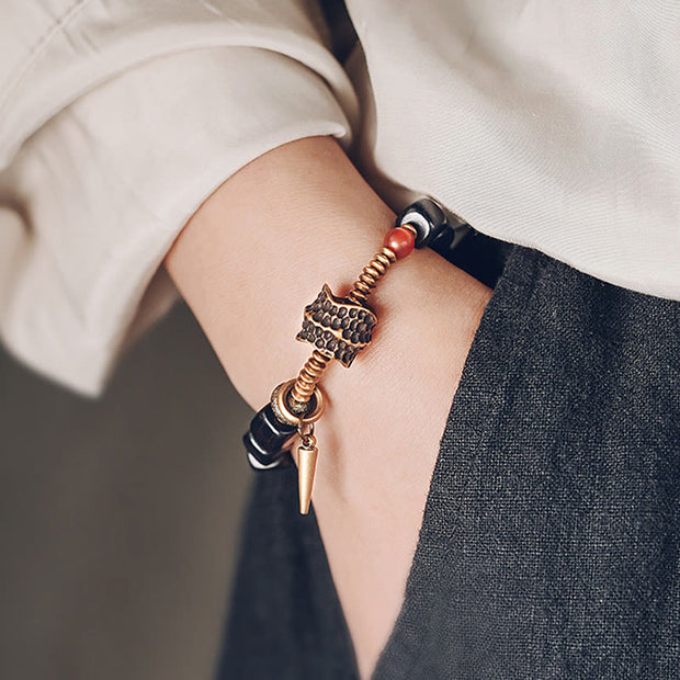 Buddha Stones Ebony Wood Copper Brass Red Agate Peace Bracelet Bracelet BS 4