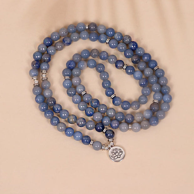 Buddha Stones 108 Mala Beads Multi-layer Natural Blue Aventurine Lotus Calm Bracelet