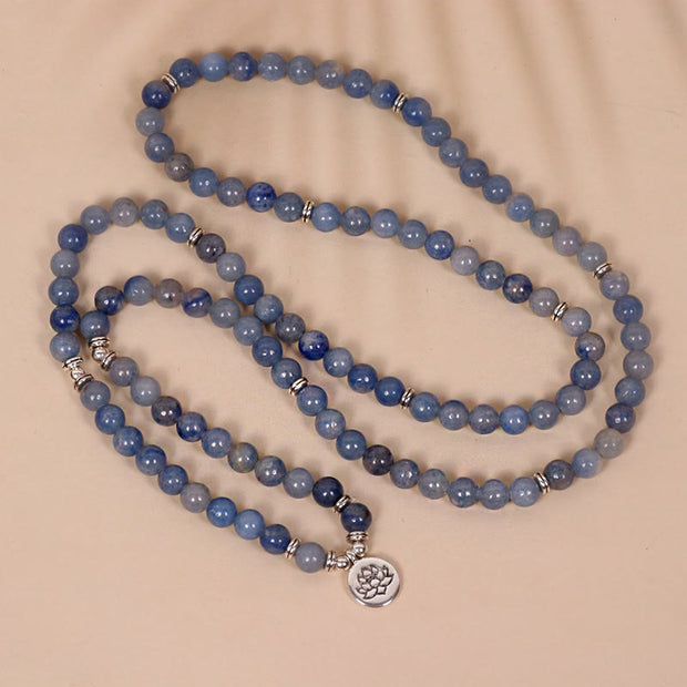 Buddha Stones 108 Mala Beads Multi-layer Natural Blue Aventurine Lotus Calm Bracelet