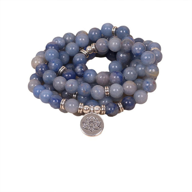 Buddha Stones 108 Mala Beads Multi-layer Natural Blue Aventurine Lotus Calm Bracelet