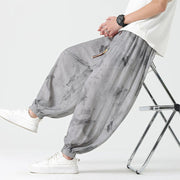 Buddha Stones Flower Sketch Braided Drawstring Linen Men's  Pants With Pockets Men's Pants BS 9