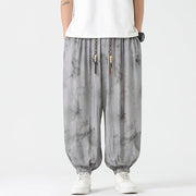 Buddha Stones Flower Sketch Braided Drawstring Linen Men's  Pants With Pockets