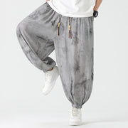 Buddha Stones Flower Sketch Braided Drawstring Linen Men's  Pants With Pockets Men's Pants BS 7