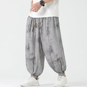 Buddha Stones Flower Sketch Braided Drawstring Linen Men's  Pants With Pockets Men's Pants BS 6