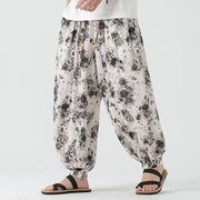 Buddha Stones Casual Black Flower Pattern Braided Drawstring Linen Men's  Pants With Pockets