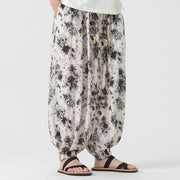 Buddha Stones Casual Black Flower Pattern Braided Drawstring Linen Men's  Pants With Pockets