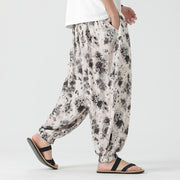 Buddha Stones Casual Black Flower Pattern Braided Drawstring Linen Men's  Pants With Pockets