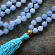 Buddha Stones 108 Mala Beads Natural Stone Aquamarine Tassel Lotus Healing Bracelet