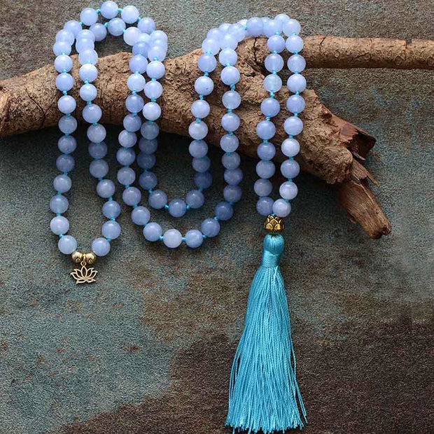 Buddha Stones 108 Mala Beads Natural Stone Aquamarine Tassel Lotus Healing Bracelet