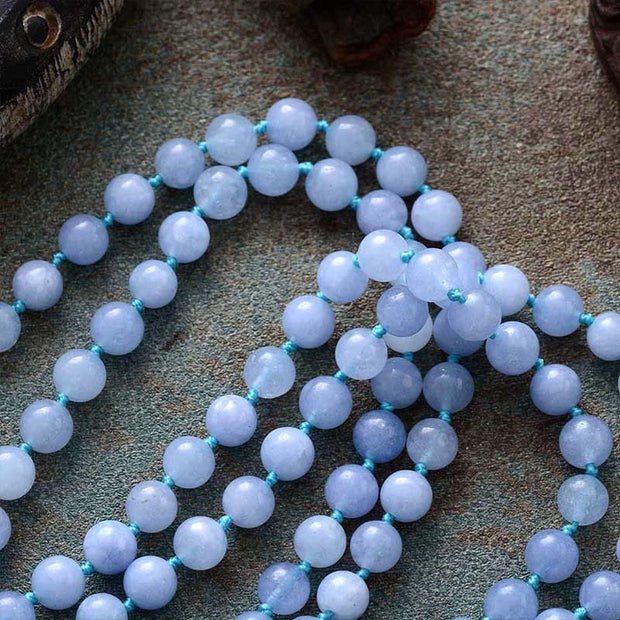 Buddha Stones 108 Mala Beads Natural Stone Aquamarine Tassel Lotus Healing Bracelet