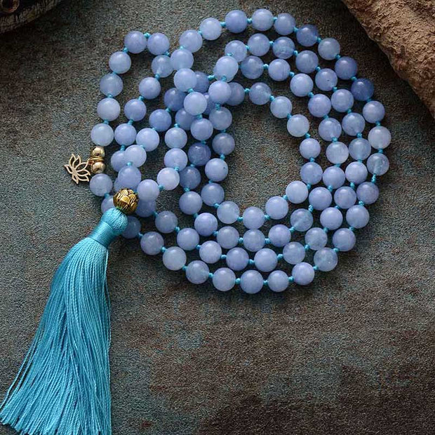 Buddha Stones 108 Mala Beads Natural Stone Aquamarine Tassel Lotus Healing Bracelet