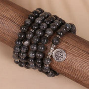 Buddha Stones 108 Mala Beads Multi-layer Natural Black Glitter Stone Lotus Positivity Bracelet