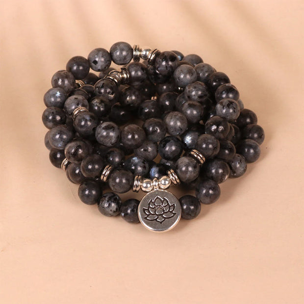 Buddha Stones 108 Mala Beads Multi-layer Natural Black Glitter Stone Lotus Positivity Bracelet