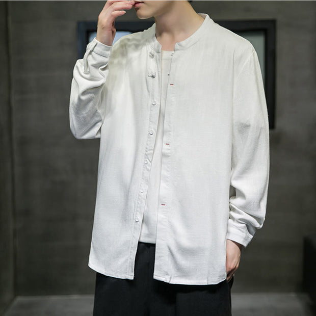 Buddha Stones Casual Plain Color Two Types Button Tang Suit Linen Men's Jacket Shirt