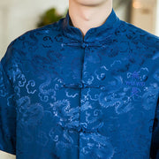 Buddha Stones Chinese Tang Suit Frog-button Dragon Print Men's Half Sleeve Shirts