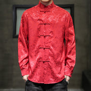 Buddha Stones Casual Dragon Pattern Frog-button Tang Suit Linen Men's Jacket Shirt Men's Jacket Shirt BS Red US/UK/AU46，EU56 (5XL)