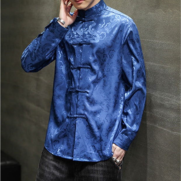 Buddha Stones Casual Dragon Pattern Frog-button Tang Suit Linen Men's Jacket Shirt Men's Jacket Shirt BS 8