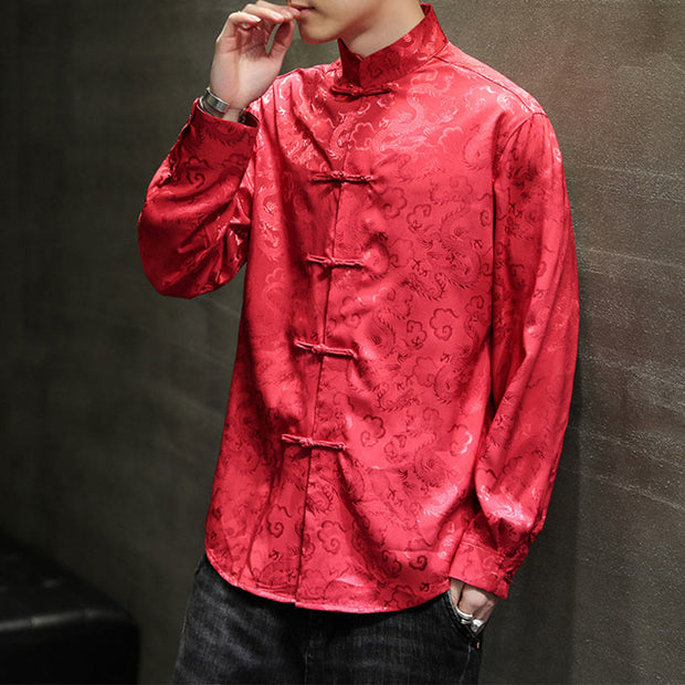 Buddha Stones Casual Dragon Pattern Frog-button Tang Suit Linen Men's Jacket Shirt Men's Jacket Shirt BS 51