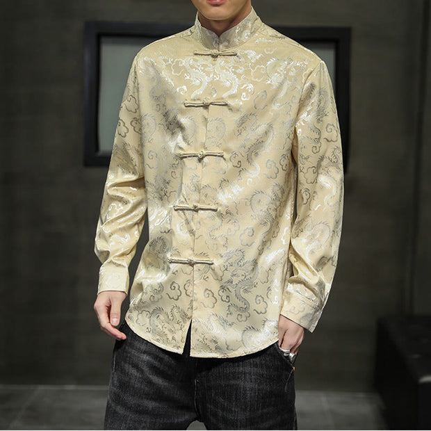 Buddha Stones Casual Dragon Pattern Frog-button Tang Suit Linen Men's Jacket Shirt