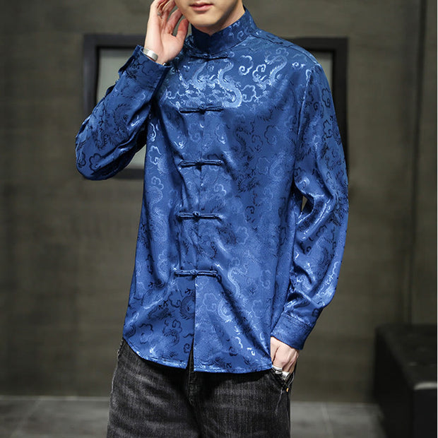 Buddha Stones Casual Dragon Pattern Frog-button Tang Suit Linen Men's Jacket Shirt Men's Jacket Shirt BS 6