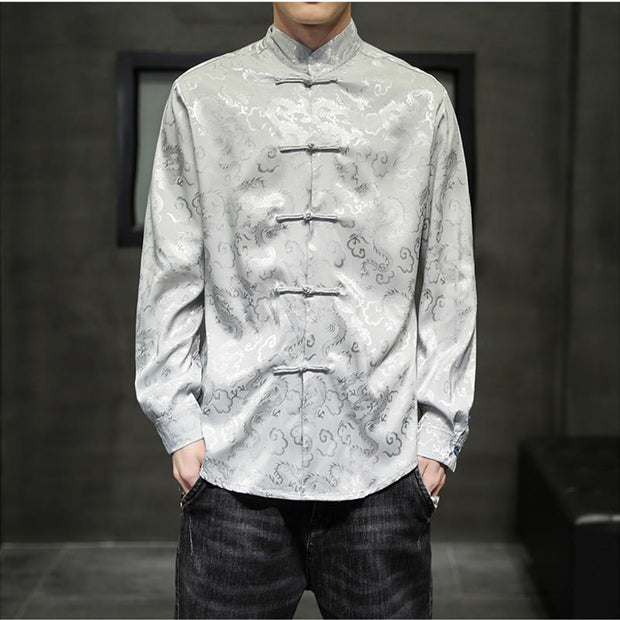 Buddha Stones Casual Dragon Pattern Frog-button Tang Suit Linen Men's Jacket Shirt