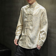 Buddha Stones Casual Dragon Pattern Frog-button Tang Suit Linen Men's Jacket Shirt