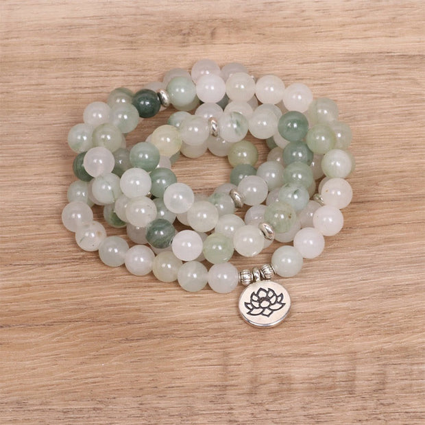 Buddha Stones 108 Mala Beads Natural Tianshan Jade Lotus Luck Bracelet