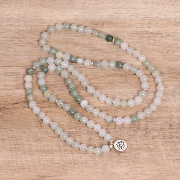 Buddha Stones 108 Mala Beads Natural Tianshan Jade Lotus Luck Bracelet