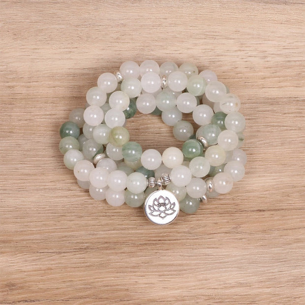 Buddha Stones 108 Mala Beads Natural Tianshan Jade Lotus Luck Bracelet