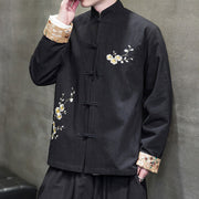 Buddha Stones Plum Blossom Embroidery Cuff Flower Design Frog-button Tang Suit Cotton Linen Men's Jacket Shirt