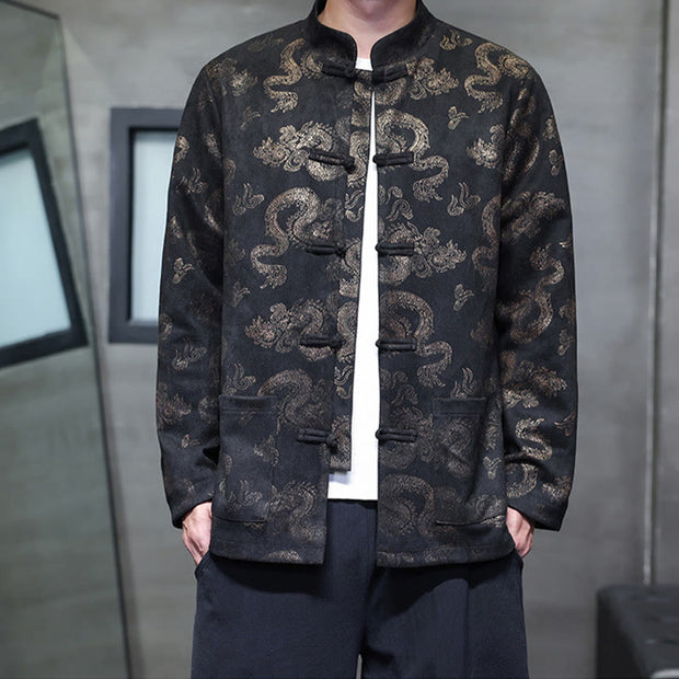 Buddha Stones Chinese Dragon Frog-button Tang Suit Cotton Men's Jacket Shirt With Pockets