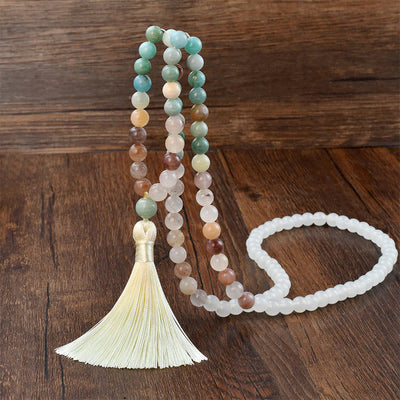 Buddha Stones 108 Mala Beads Natural White Jade Amazonite White Tassel Healing Bracelet