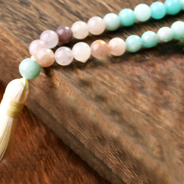 Buddha Stones 108 Mala Beads Natural White Jade Amazonite White Tassel Healing Bracelet