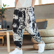 Buddha Stones Black White Ink Design Cotton Linen Drawstring Men's Harem Pants With Pockets Men's Harem Pants BS 2