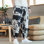 Buddha Stones Black White Ink Design Cotton Linen Drawstring Men's Harem Pants With Pockets Men's Harem Pants BS 5