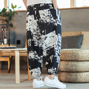 Buddha Stones Black White Ink Design Cotton Linen Drawstring Men's Harem Pants With Pockets Men's Harem Pants BS 4