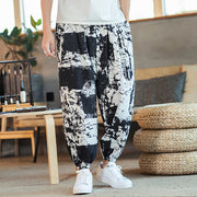 Buddha Stones Black White Ink Design Cotton Linen Drawstring Men's Harem Pants With Pockets Men's Harem Pants BS 7