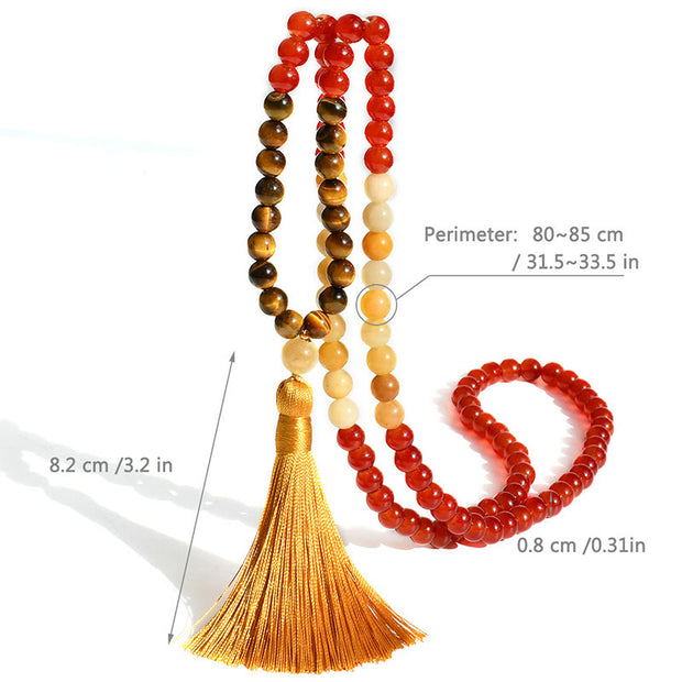 Buddha Stones 108 Mala Beads Red Agate Tiger Eye Yellow Tassel Calm Bracelet