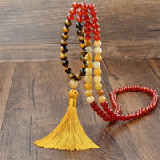 Buddha Stones 108 Mala Beads Red Agate Tiger Eye Yellow Tassel Calm Bracelet