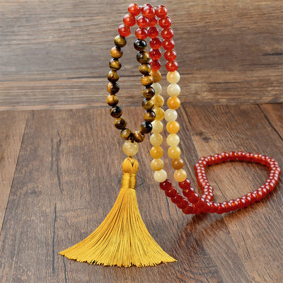 Buddha Stones 108 Mala Beads Red Agate Tiger Eye Yellow Tassel Calm Bracelet