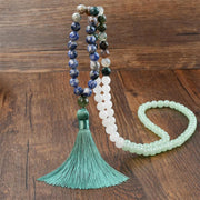 Buddha Stones 108 Mala Beads Natural Green Aventurine Blue Spot Jasper Indian Agate Green Tassel Luck Bracelet