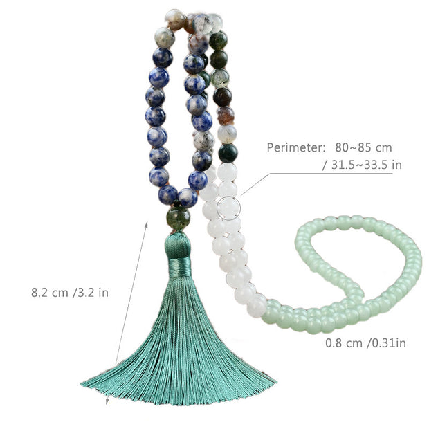 Buddha Stones 108 Mala Beads Natural Green Aventurine Blue Spot Jasper Indian Agate Green Tassel Luck Bracelet