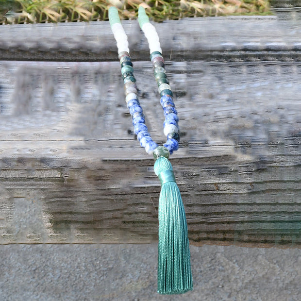 Buddha Stones 108 Mala Beads Natural Green Aventurine Blue Spot Jasper Indian Agate Green Tassel Luck Bracelet