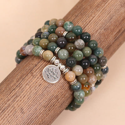 Buddha Stones 108 Mala Beads Natural Stone Indian Agate Lotus Calm Bracelet