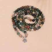 Buddha Stones 108 Mala Beads Natural Stone Indian Agate Lotus Calm Bracelet