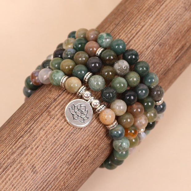 Buddha Stones 108 Mala Beads Natural Stone Indian Agate Lotus Calm Bracelet