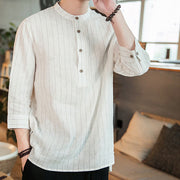 Buddha Stones Half Button Stripe Three Quarter Sleeves Linen Men'shirt